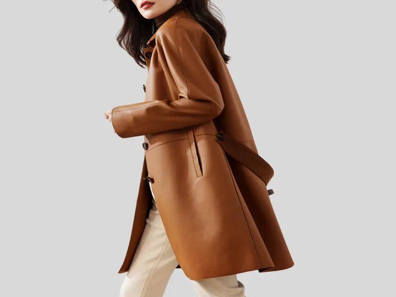 Women's Sheepskin Leather Long Coat, Trench coat, Retro Maxi, Long Coat for Women Fashion Real Overcoat, Leather Jacket Gift for her Brown