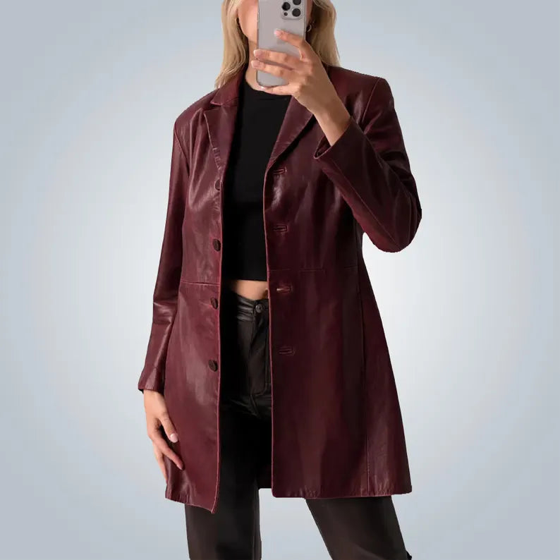 1990's Vintage Handmade Women Burgundy Leather Trench Coat Ladies Classic Maroon Leather Long Coat, Real leather trench coat Gift For Her