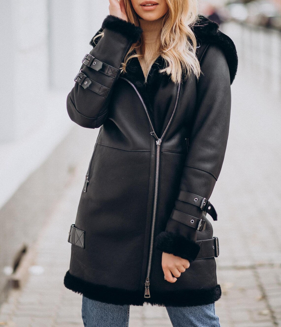 Shearling Coat-Women Shearling Leather Coat-Made with Premium Quality leather-Black Shearling Coat for women-Gift for her