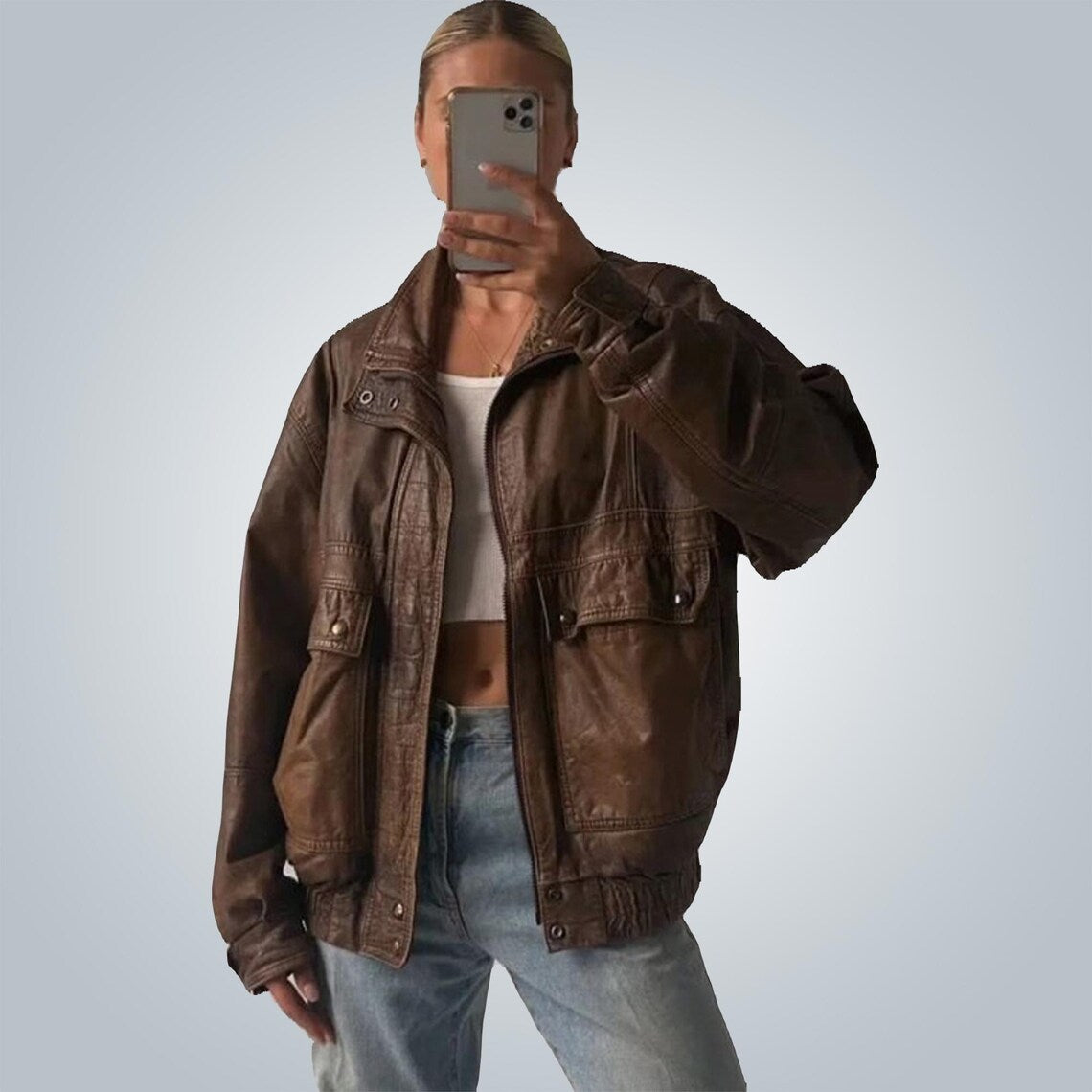 1980s Oversized Retro Distressed Brown Vintage Handmade Real Leather Jacket Women’s Streetwear Loose Fit Boxy Leather Coat, gift for her