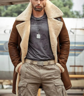 Men Long Winter Coats-Double Breasted Shearling Leather Trench Coat