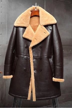 Men Long Winter Coats-Double Breasted Shearling Leather Trench Coat