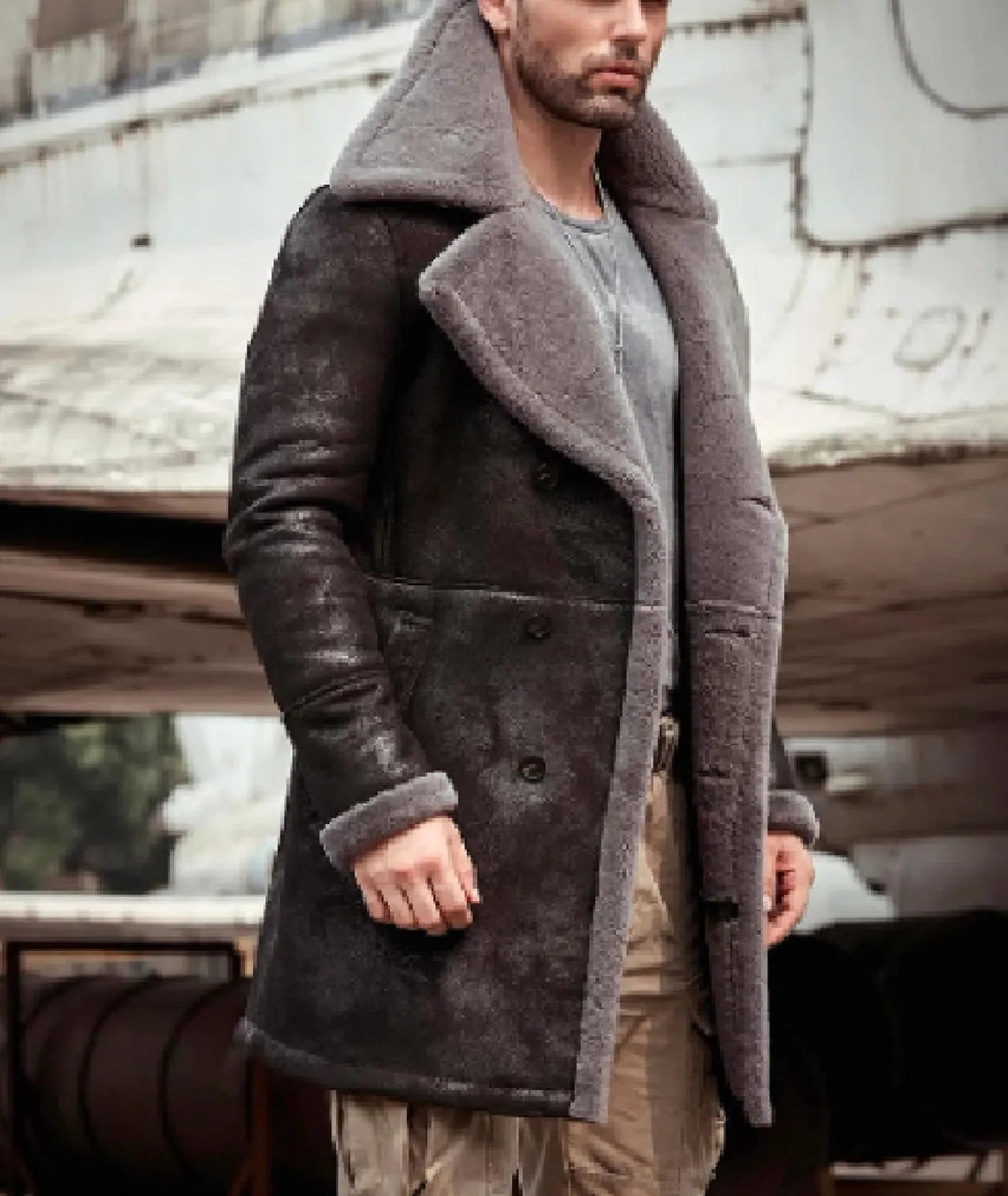 Men Long Winter Coats-Double Breasted Shearling Leather Trench Coat