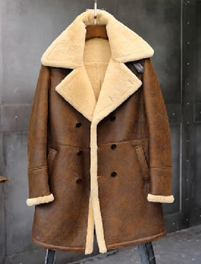 Men Long Winter Coats-Double Breasted Shearling Leather Trench Coat