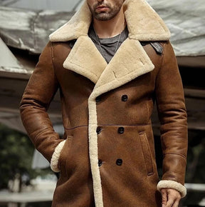 Men Long Winter Coats-Double Breasted Shearling Leather Trench Coat