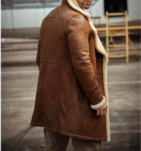 Men Long Winter Coats-Double Breasted Shearling Leather Trench Coat