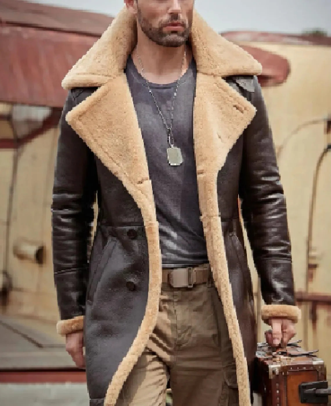 Men Long Winter Coats-Double Breasted Shearling Leather Trench Coat