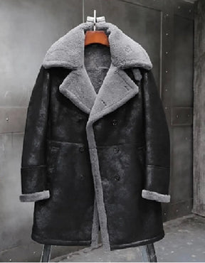 Men Long Winter Coats-Double Breasted Shearling Leather Trench Coat