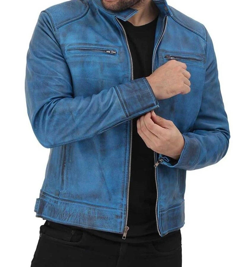 Men's Blue Leather Jacket in Genuine Lambskin Leather/ Handmade Cafe Racer Bikers Jacket/Waxed Style Lined with Polyester/ Gift for Him