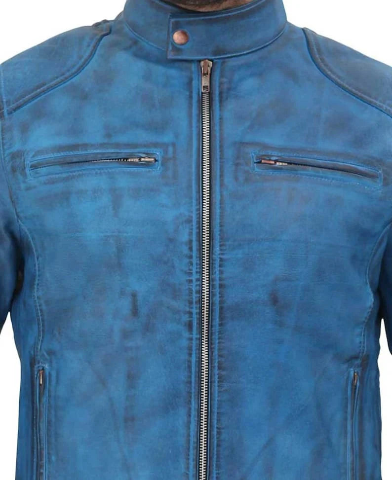 Men's Blue Leather Jacket in Genuine Lambskin Leather/ Handmade Cafe Racer Bikers Jacket/Waxed Style Lined with Polyester/ Gift for Him