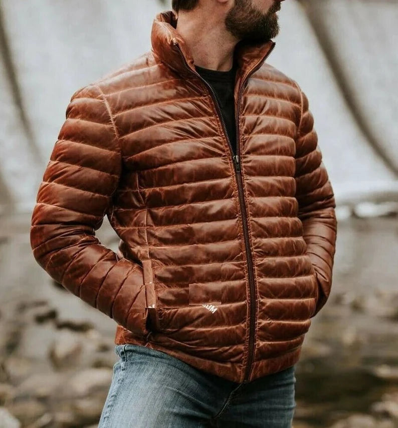 Men's Antique Brown Real Leather Jacket Puffer Fully Quilted Lambskin Jacket, Men Destressed Brown Handmade Jacket | Gift for husband-DAD |