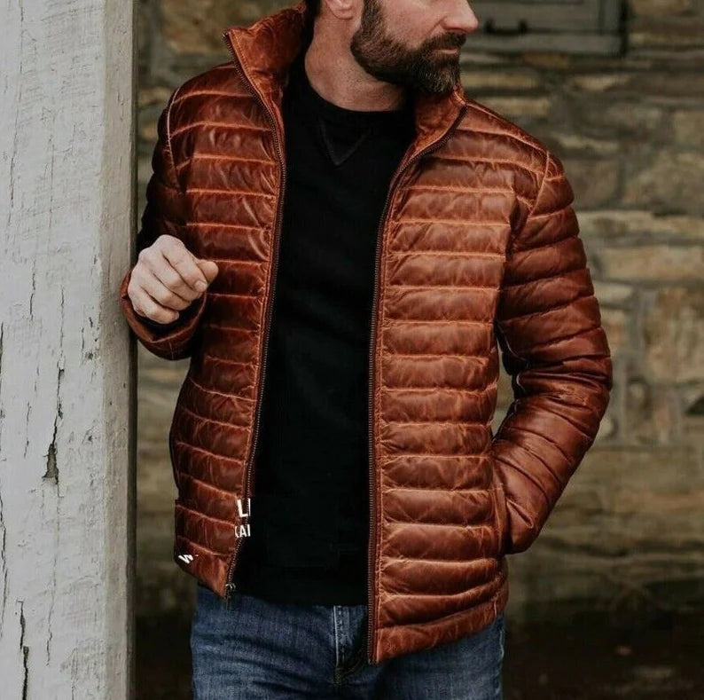 Men's Antique Brown Real Leather Jacket Puffer Fully Quilted Lambskin Jacket, Men Destressed Brown Handmade Jacket | Gift for husband-DAD |