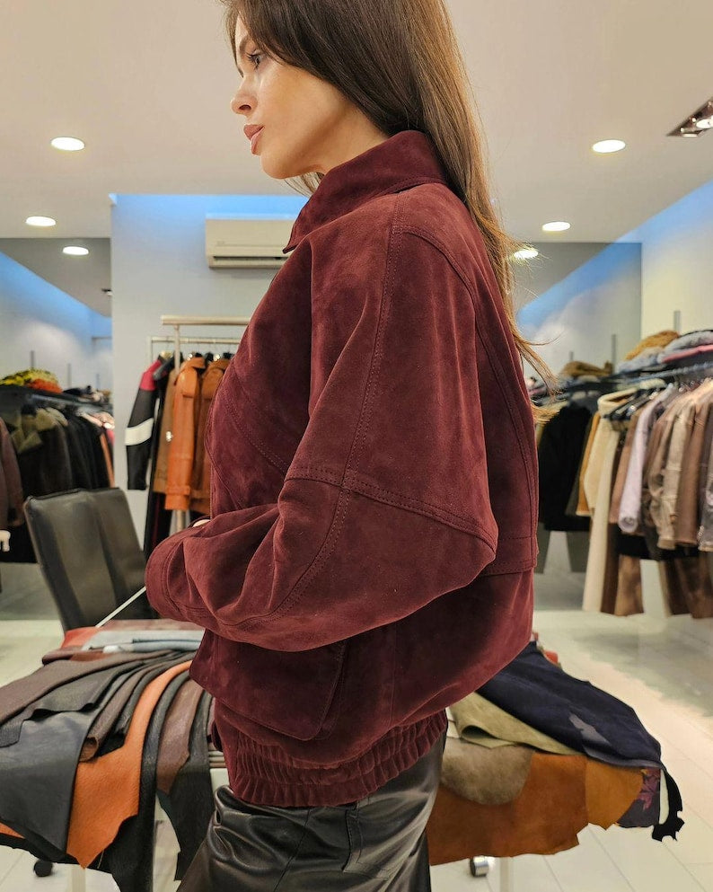 Handmade Women's Oversize Suede Leather jacket / women's suede bomber / women's leather jacket/ vintage suede jacket / Burgundy suede bomber