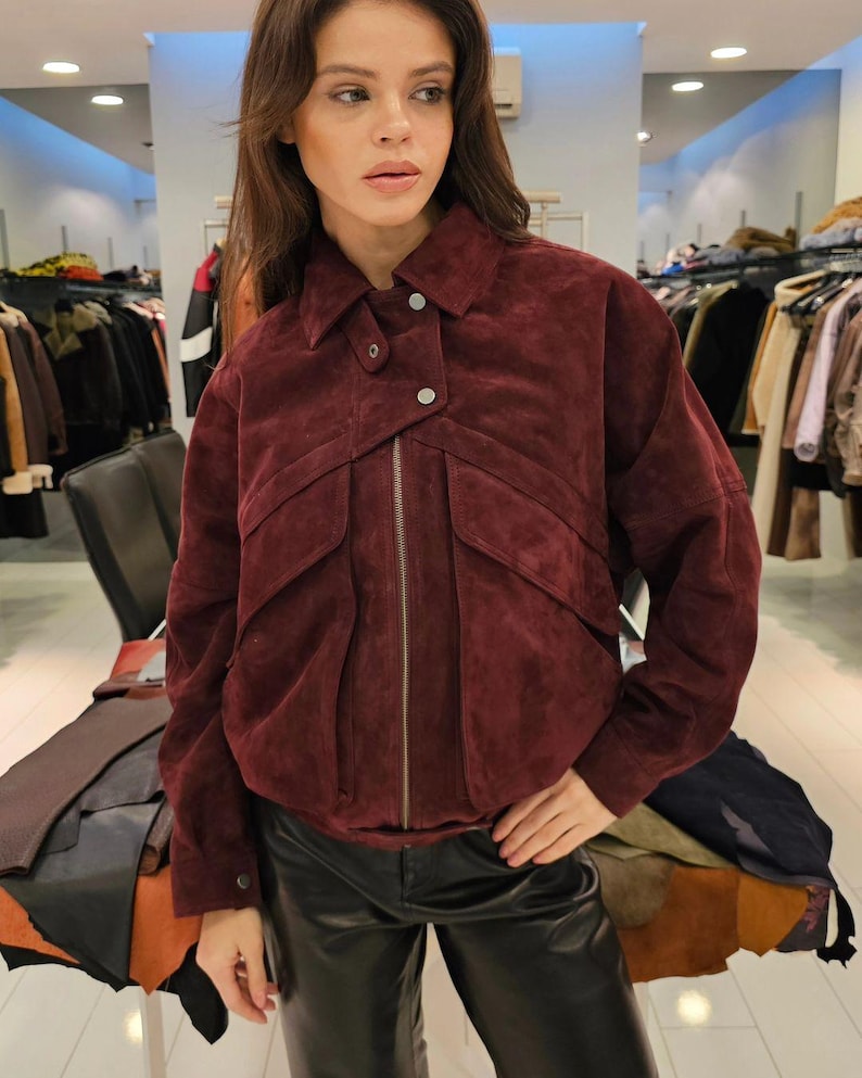 Handmade Women's Oversize Suede Leather jacket / women's suede bomber / women's leather jacket/ vintage suede jacket / Burgundy suede bomber