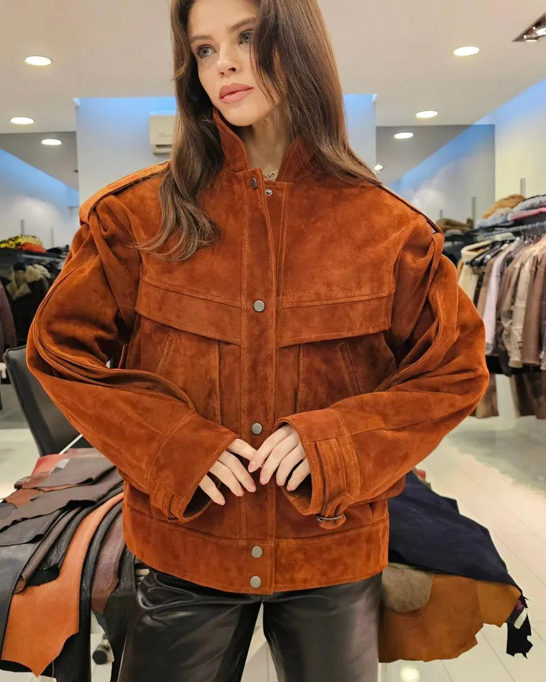 Handmade Women's Oversize Suede Leather jacket, women's suede bomber, women's leather jacket,vintage suede jacket, Brown suede bomber Jacket