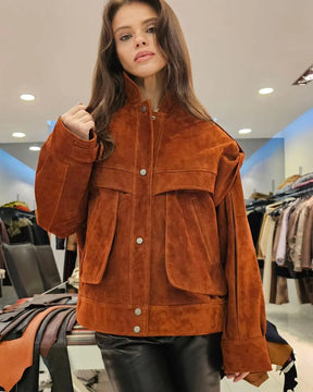 Handmade Women's Oversize Suede Leather jacket, women's suede bomber, women's leather jacket,vintage suede jacket, Brown suede bomber Jacket